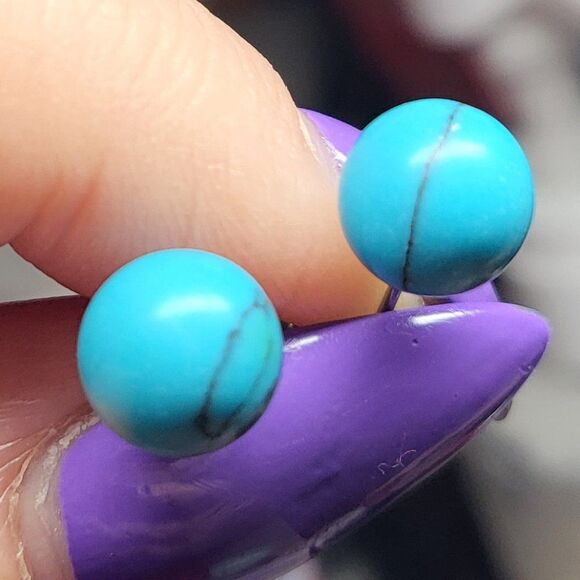 Natural Blue Howlite Gemstone Round Bead Ball Stud Earrings - Picture 3 of 7